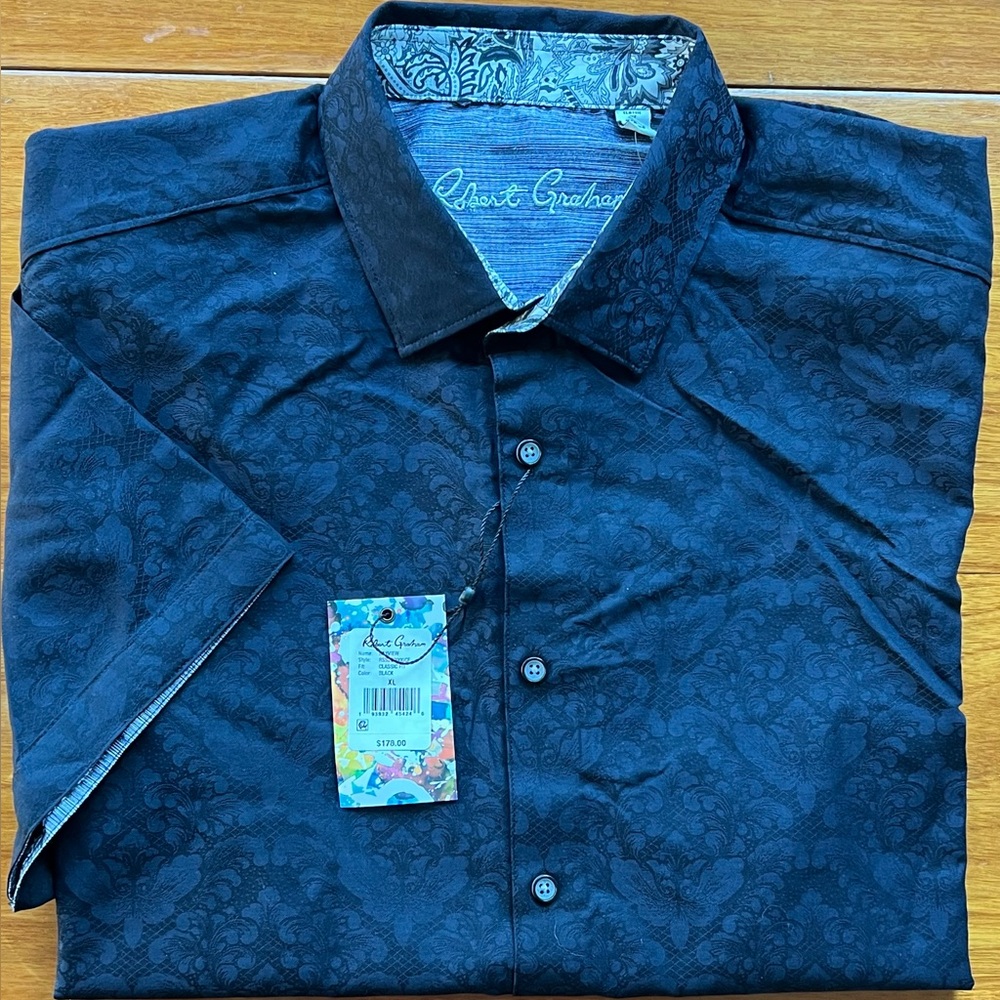 Robert Graham Mens Shirt Bayview XL Black Short Sleeve Printed Classic NWT $178